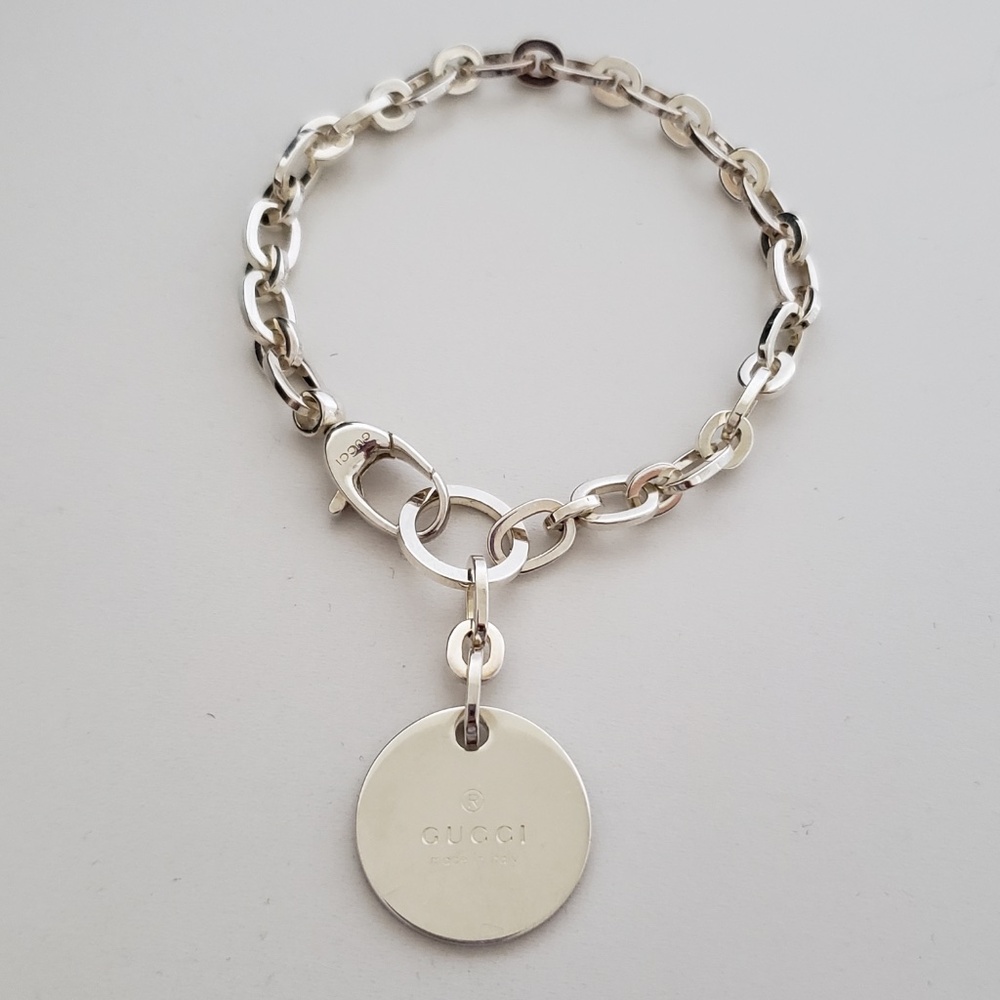 GUCCI Sterling Silver Trademark Round Charm Chain Link Bracelet 8" - Picture 3 of 11